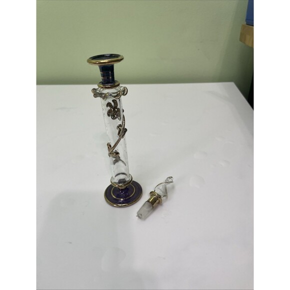 Vintage Hand Blown Purple Glass Perfume Bottle Gold Trim With Stopper - Picture 4 of 4